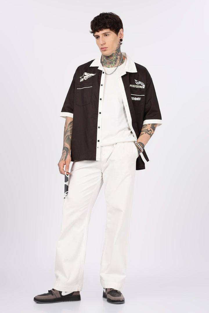 Racing: Brown Oversized Cotton Shirt
