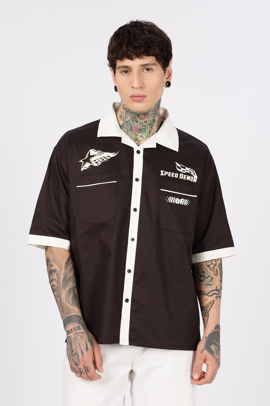 Racing: Brown Oversized Cotton Shirt