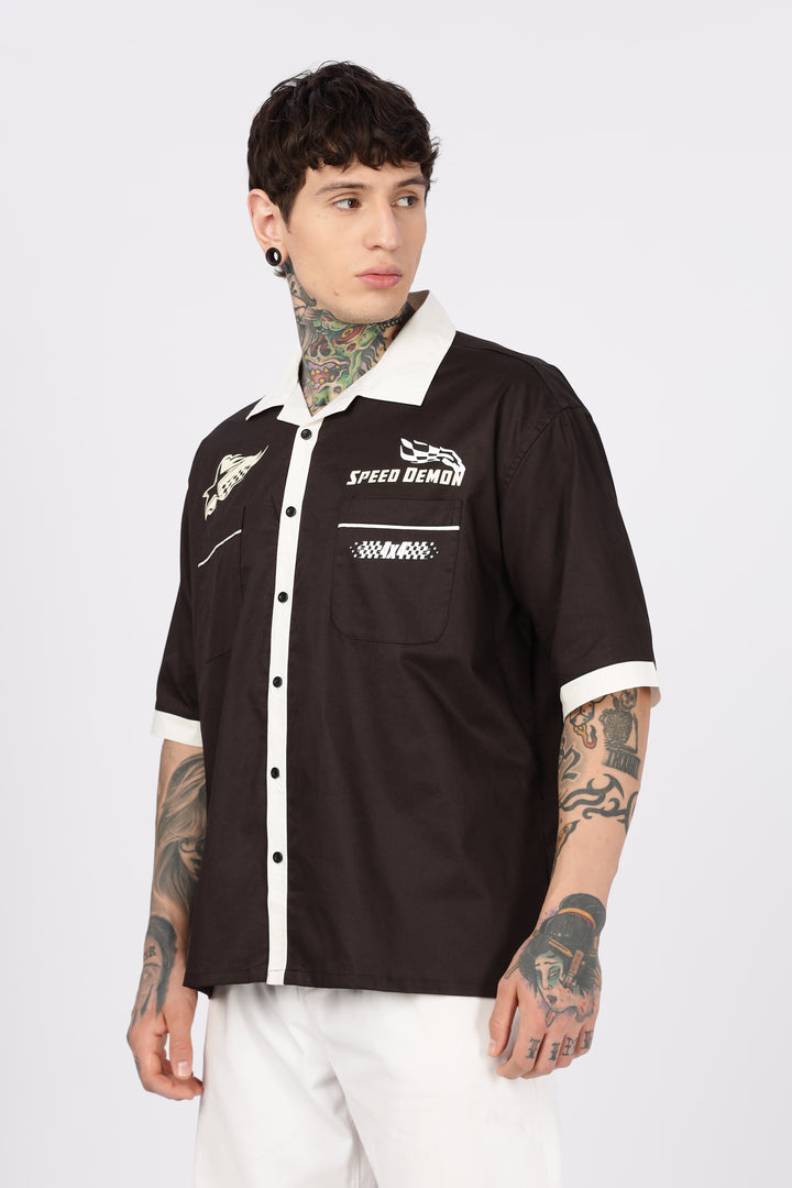 Racing: Brown Oversized Cotton Shirt