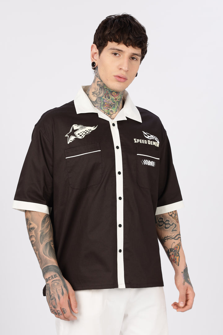 Racing: Brown Oversized Cotton Shirt