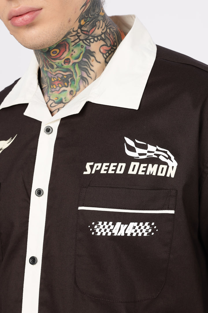 Racing: Brown Oversized Cotton Shirt