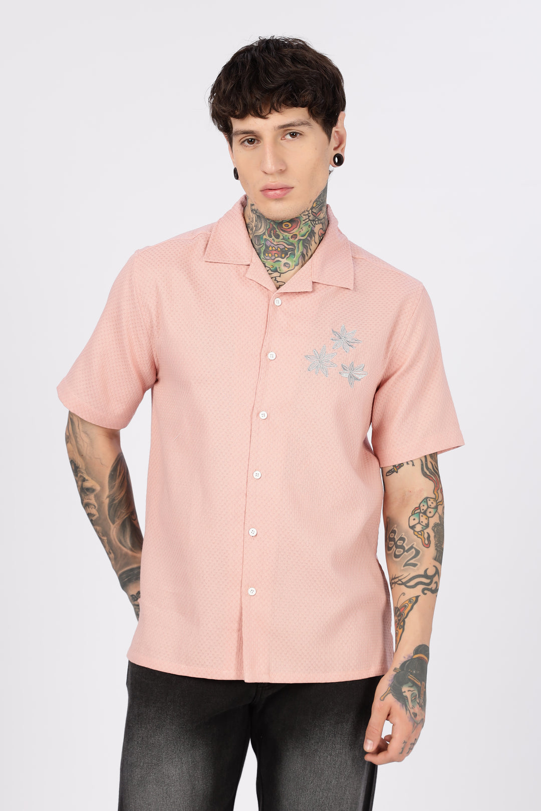 Tropical: Embroidery Textured Fabric Peach Shirt