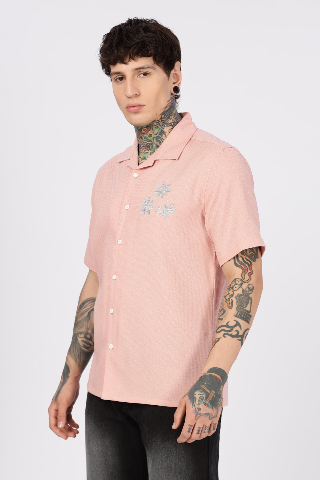 Tropical: Embroidery Textured Fabric Peach Shirt