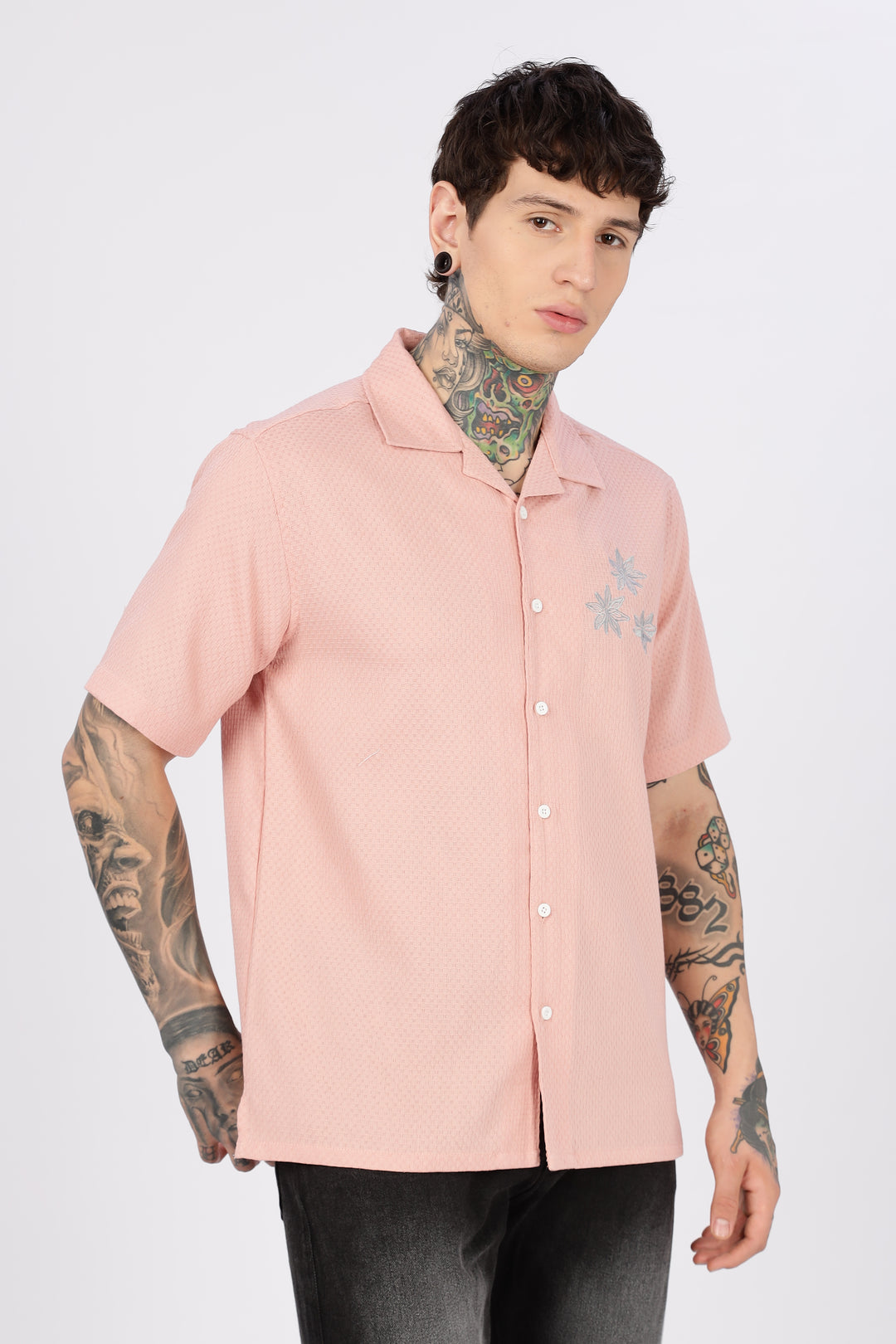 Tropical: Embroidery Textured Fabric Peach Shirt
