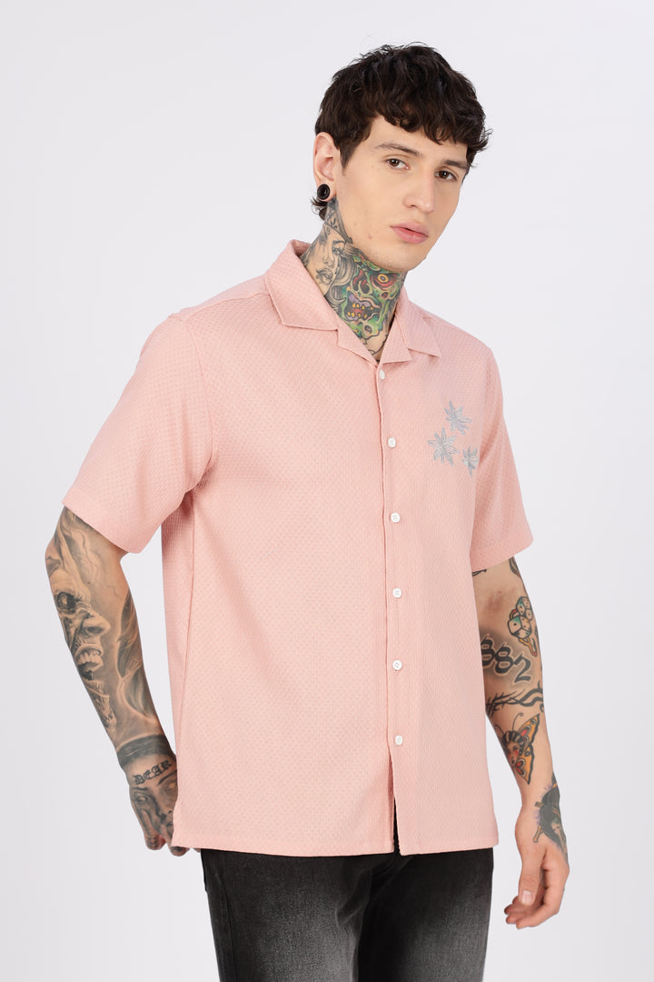 Tropical: Embroidery Textured Fabric Peach Shirt