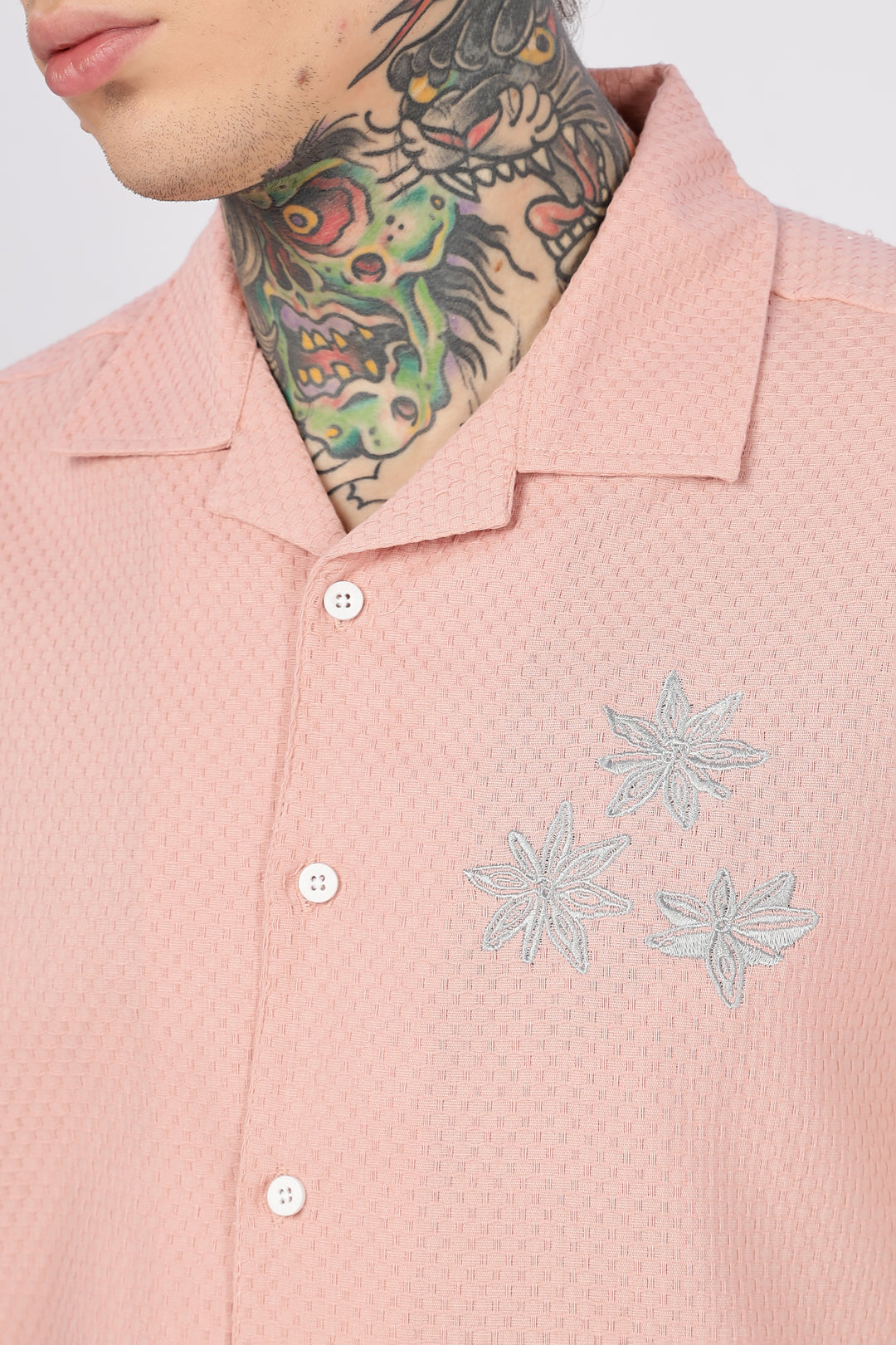 Tropical: Embroidery Textured Fabric Peach Shirt