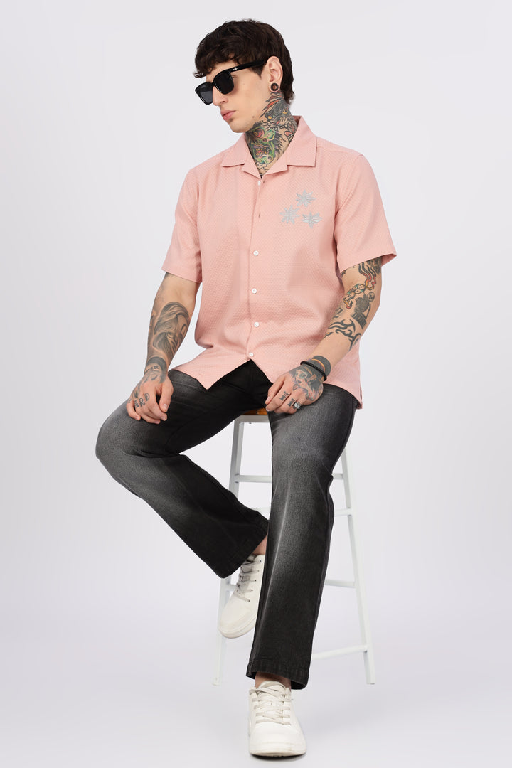 Tropical: Embroidery Textured Fabric Peach Shirt