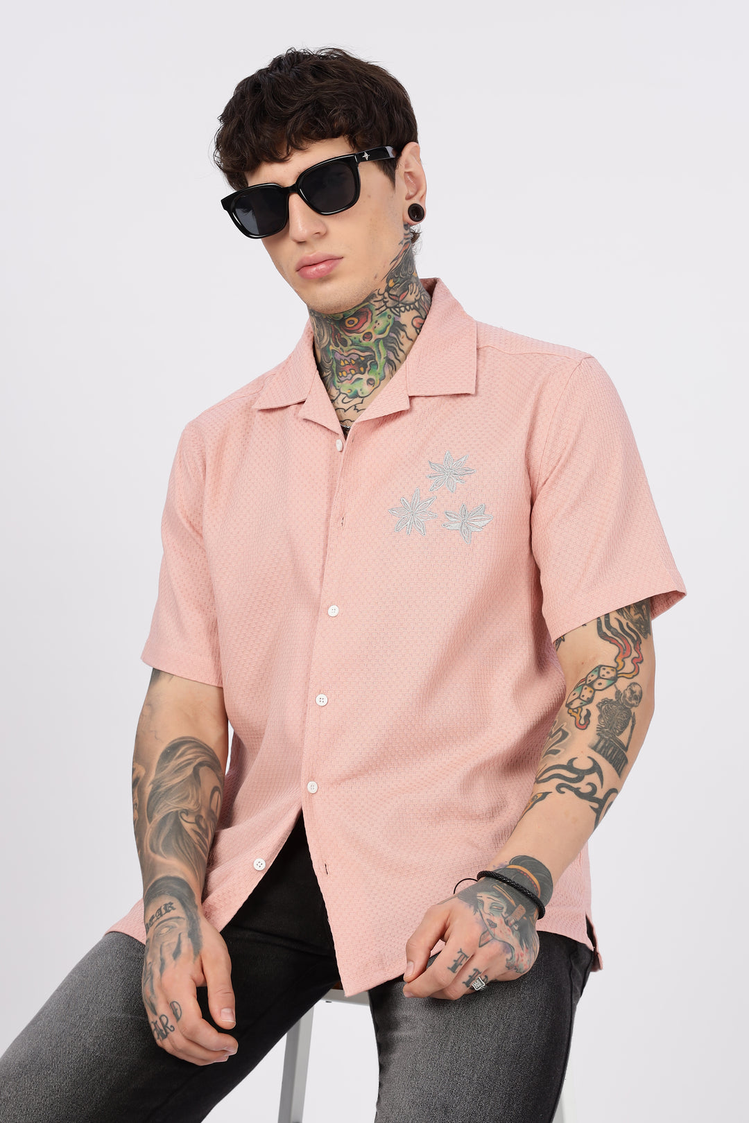 Tropical: Embroidery Textured Fabric Peach Shirt
