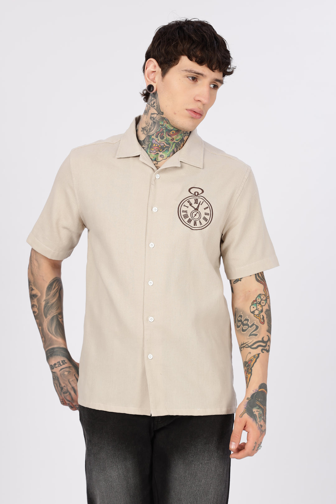 Time: Embroidery Textured Fabric Cream Shirt