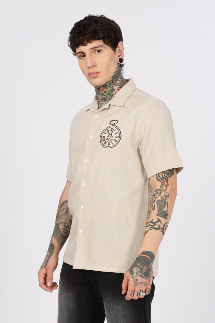 Time: Embroidery Textured Fabric Cream Shirt