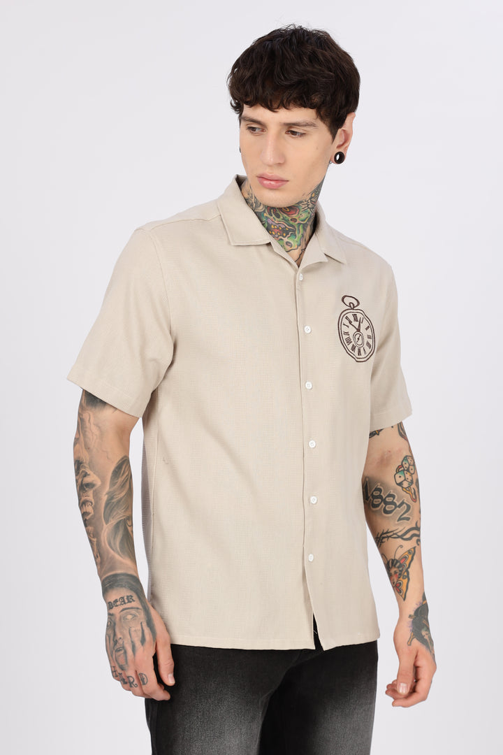 Time: Embroidery Textured Fabric Cream Shirt