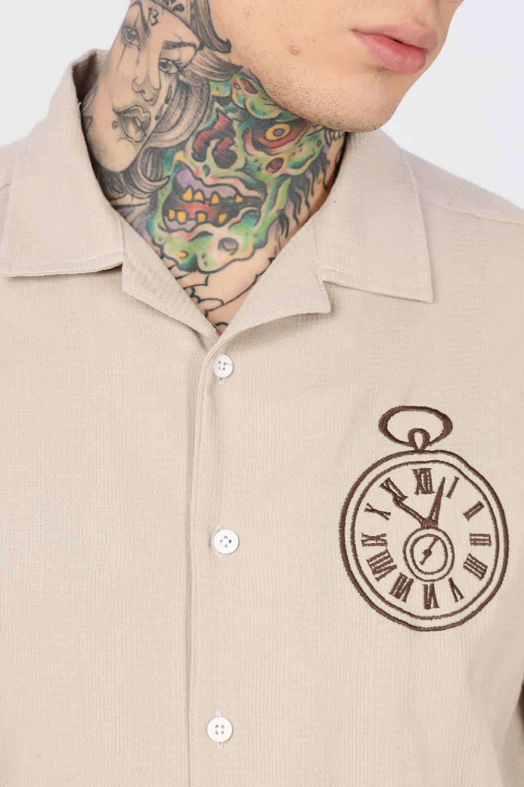 Time: Embroidery Textured Fabric Cream Shirt