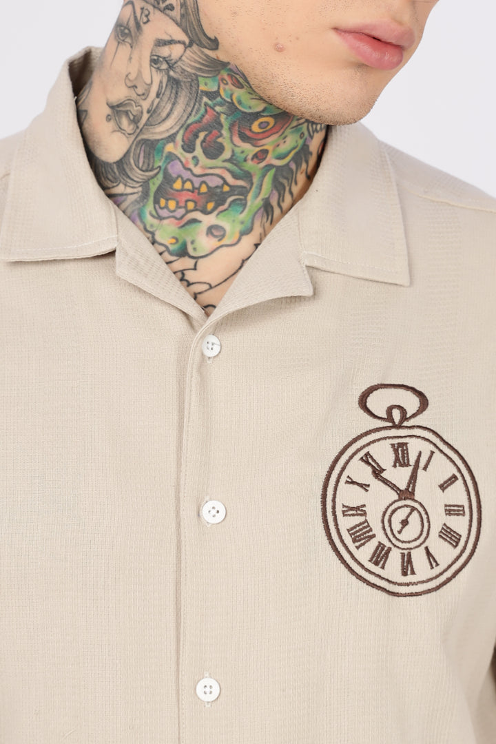 Time: Embroidery Textured Fabric Cream Shirt