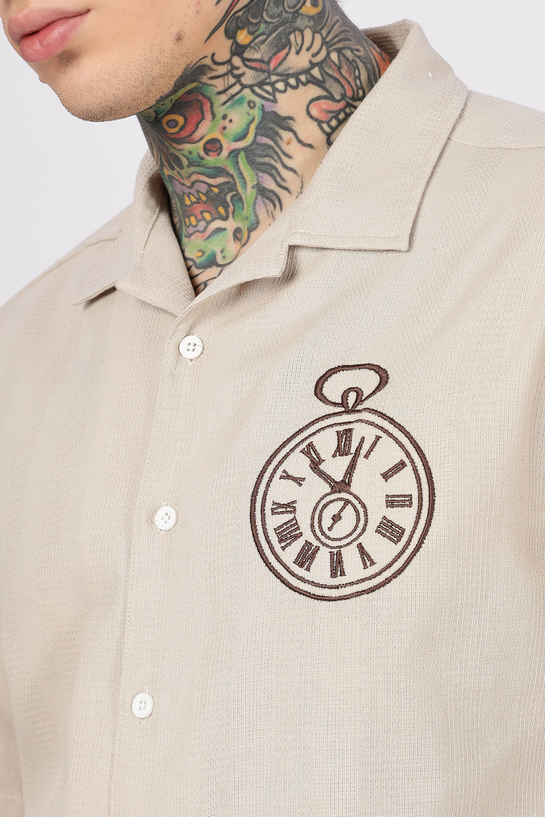Time: Embroidery Textured Fabric Cream Shirt
