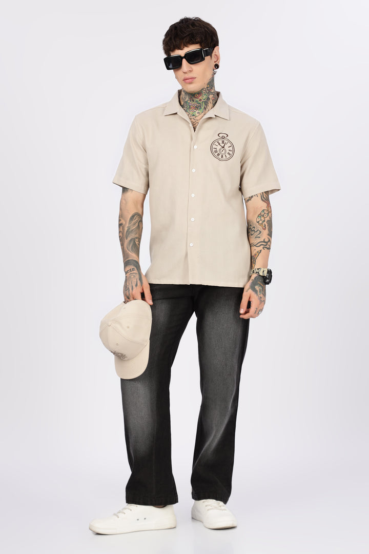 Time: Embroidery Textured Fabric Cream Shirt