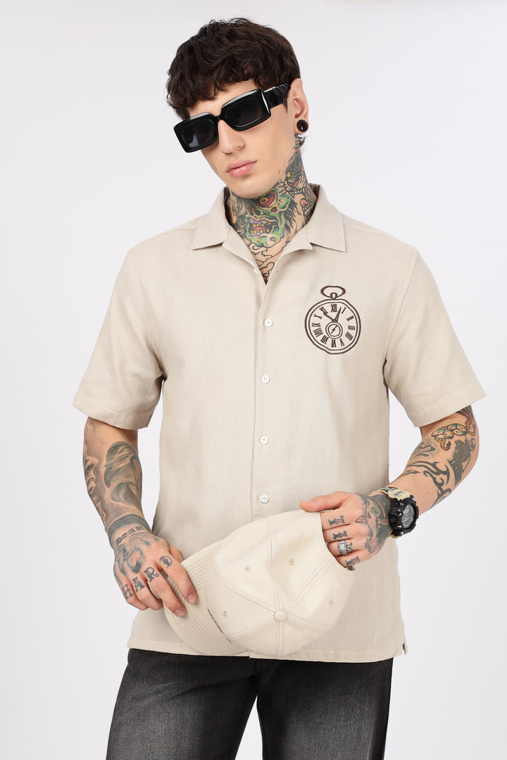 Time: Embroidery Textured Fabric Cream Shirt