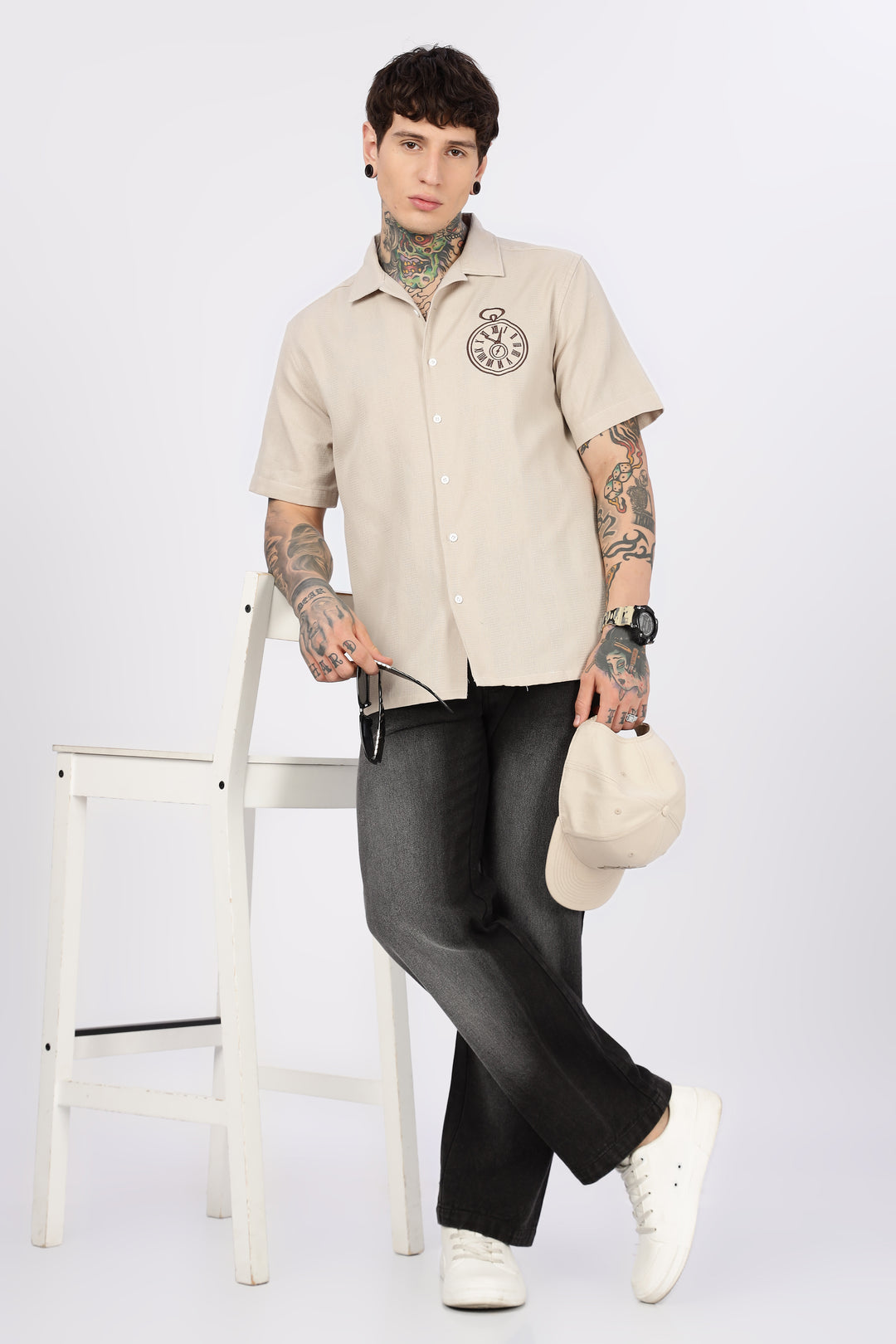 Time: Embroidery Textured Fabric Cream Shirt