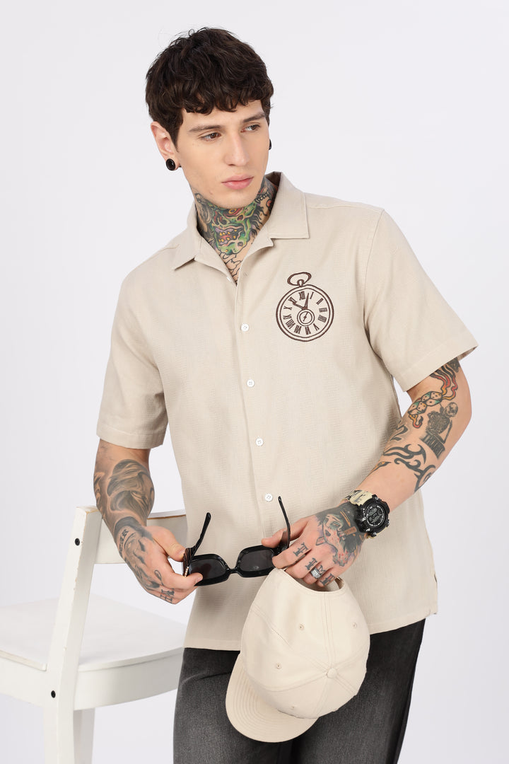 Time: Embroidery Textured Fabric Cream Shirt