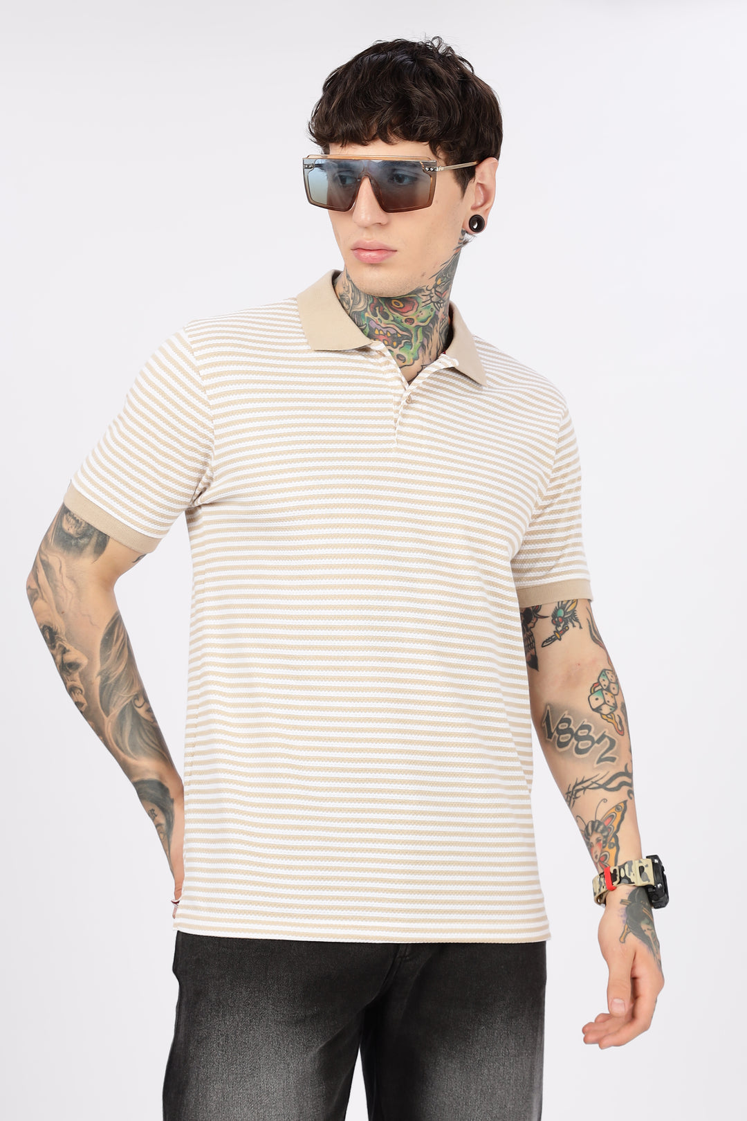 Cream Stripes Polo T-shirt