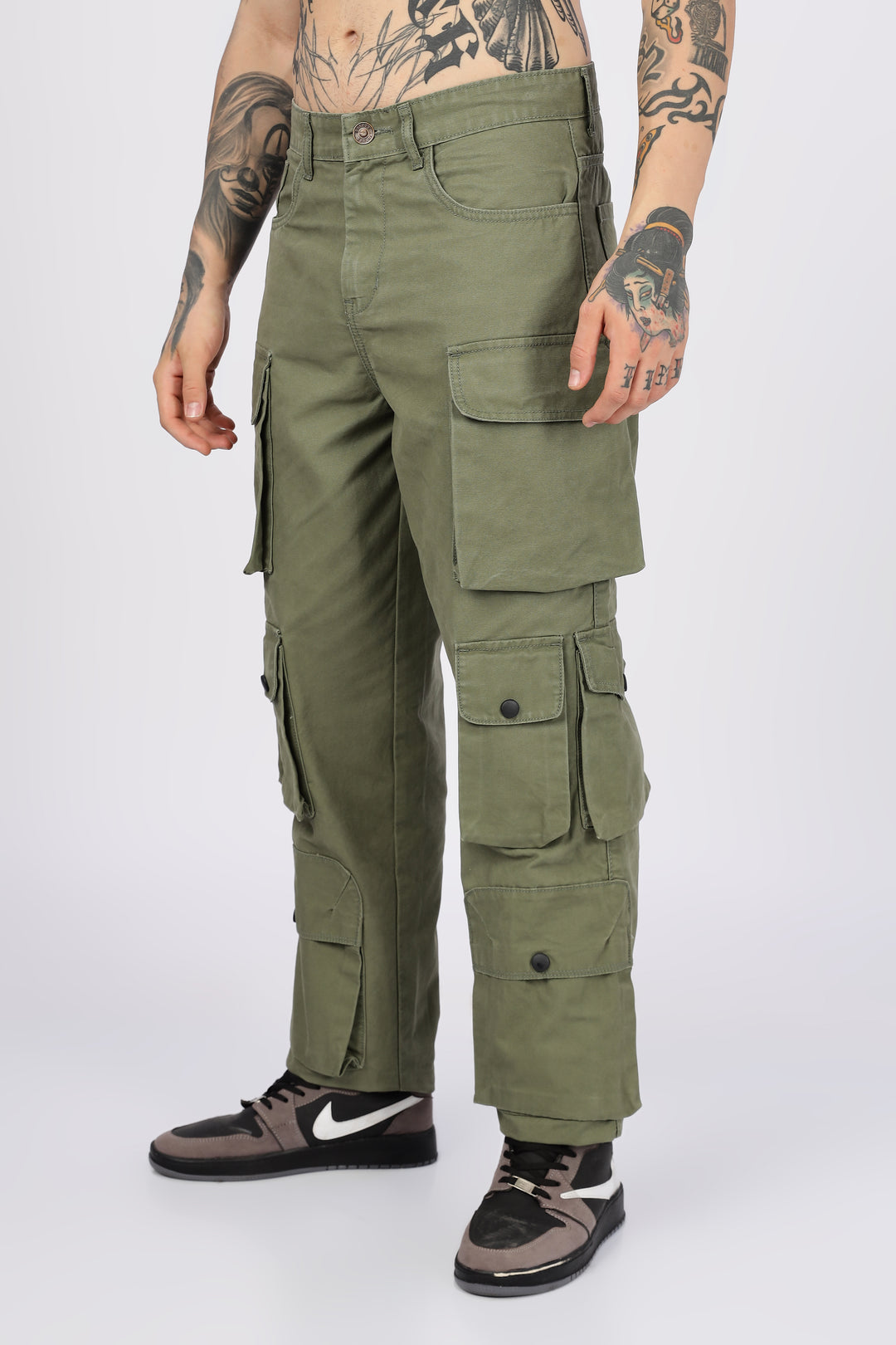 Green Canvas Multi- Pocket Cargo Pants