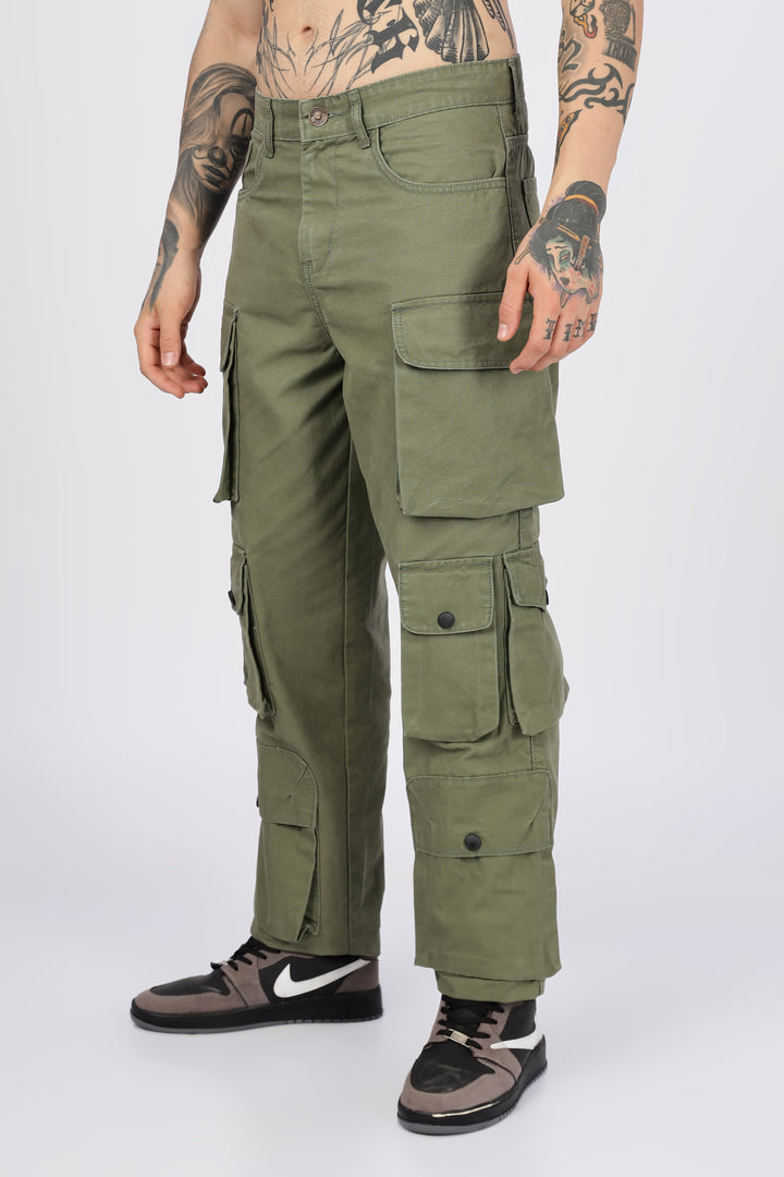 Green Canvas Multi- Pocket Cargo Pants