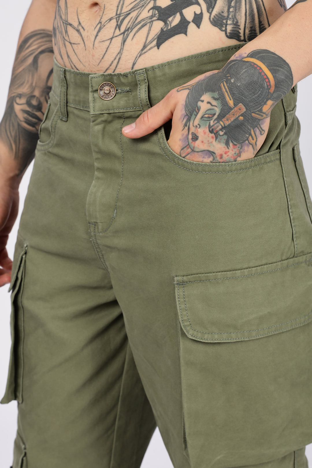 Green Canvas Multi- Pocket Cargo Pants