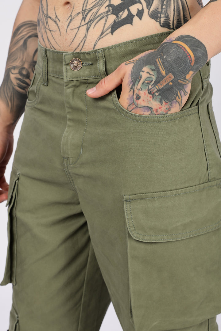 Green Canvas Multi- Pocket Cargo Pants