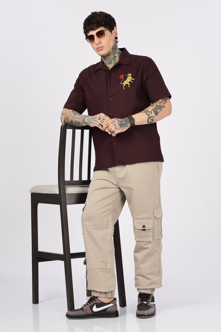 Tiger: Embroidery Textured Fabric Cuban shirt