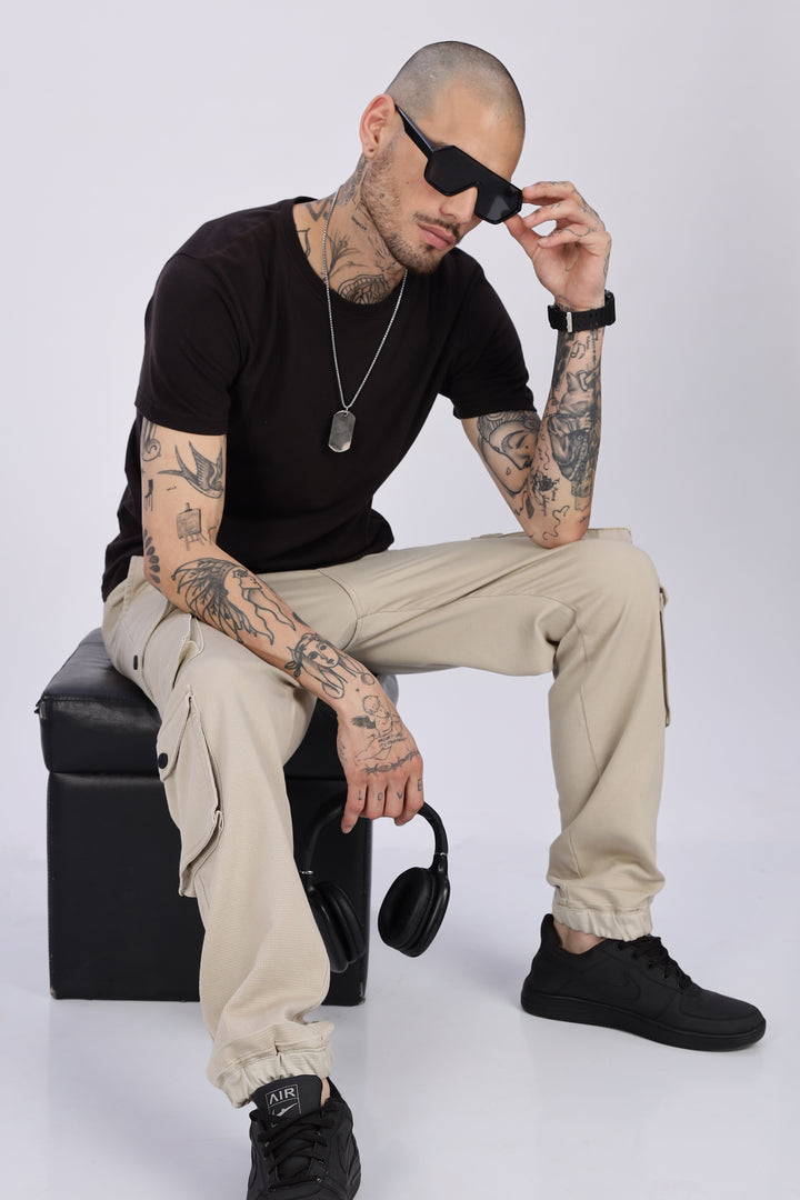 Textured Fabric: Utility Cream Cargo Pants