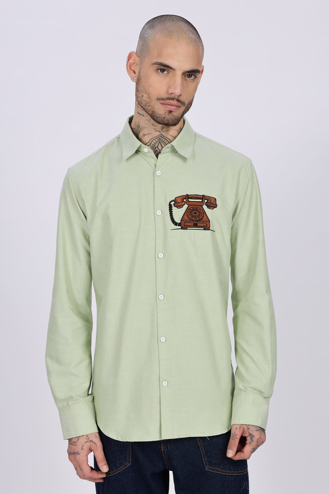 Vintage Telephone: Green Embroidery Shirt