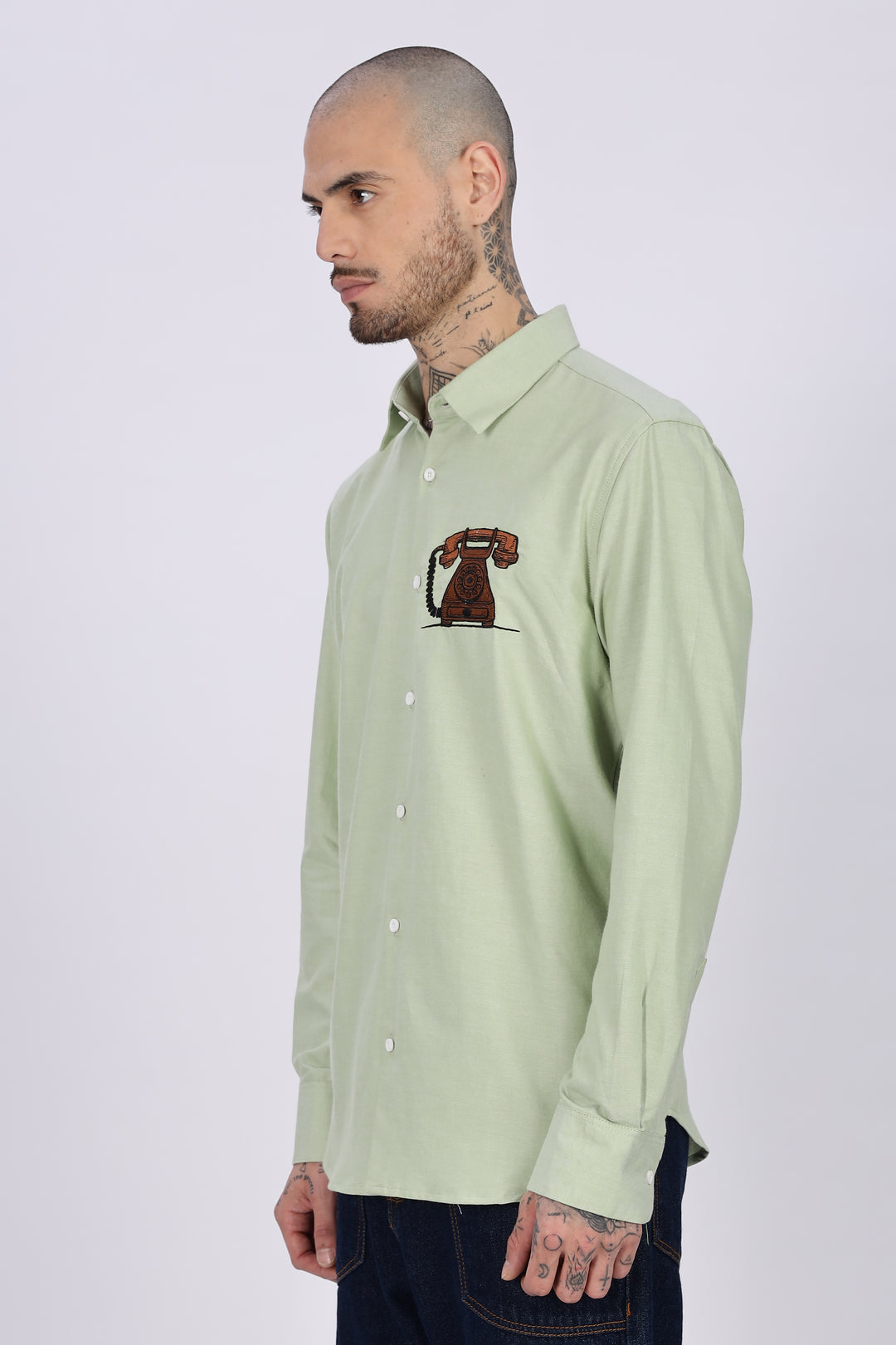 Vintage Telephone: Green Embroidery Shirt