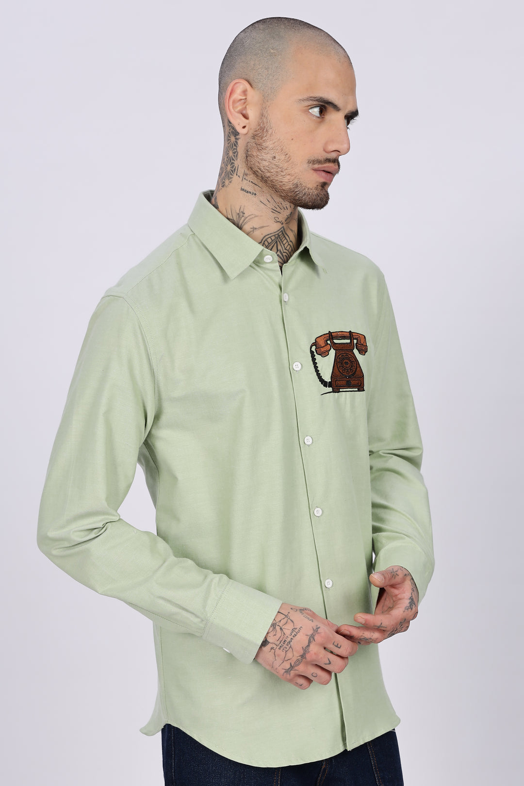 Vintage Telephone: Green Embroidery Shirt