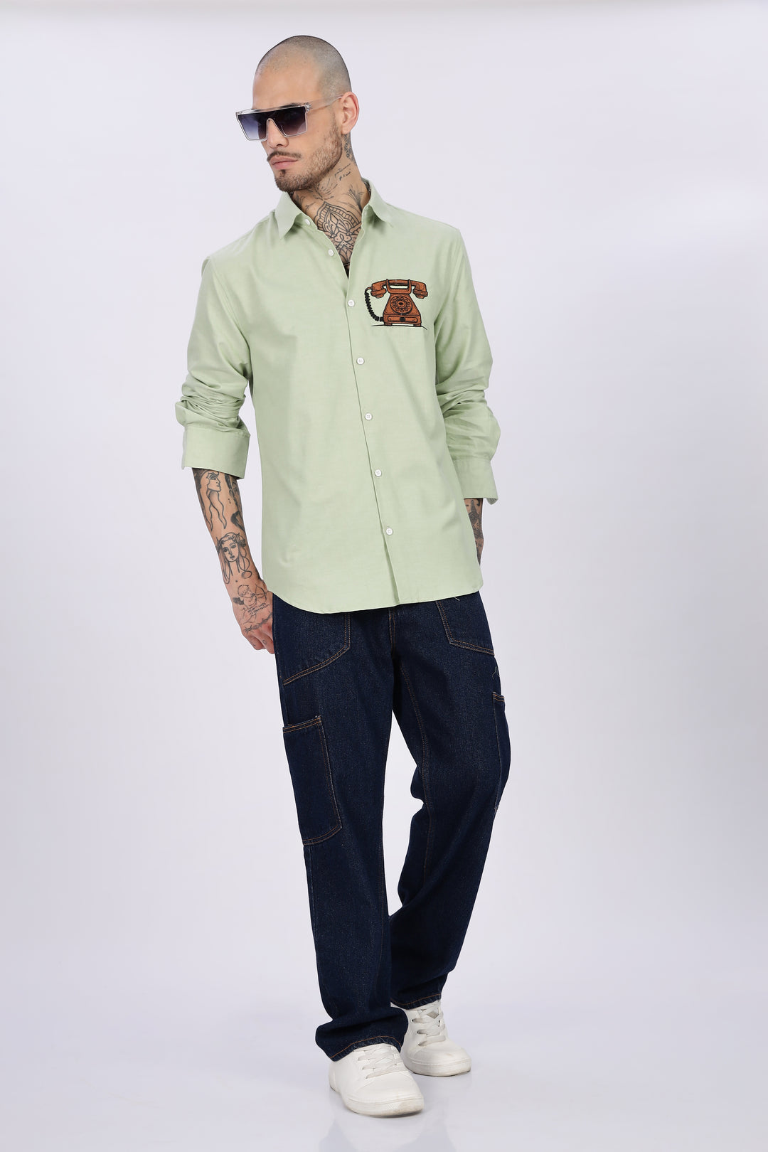 Vintage Telephone: Green Embroidery Shirt