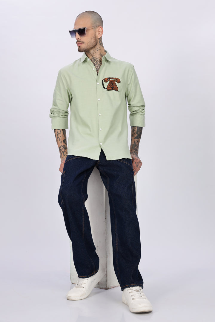 Vintage Telephone: Green Embroidery Shirt