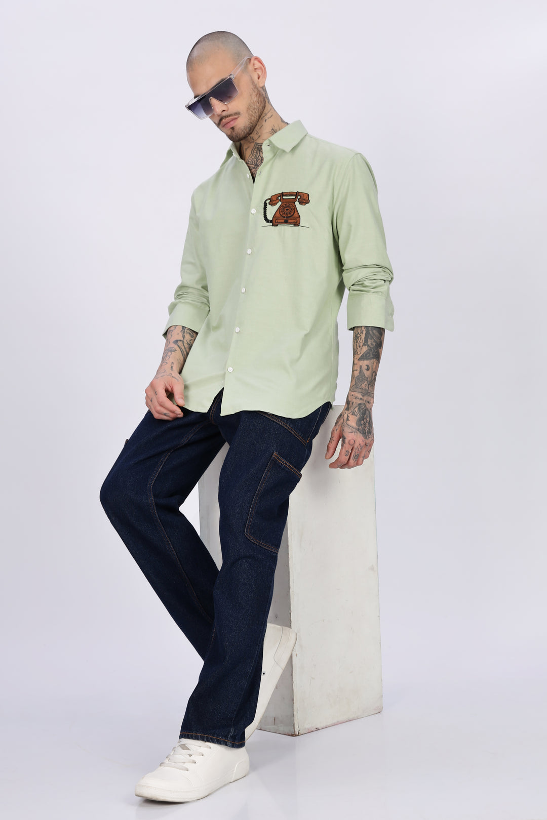 Vintage Telephone: Green Embroidery Shirt