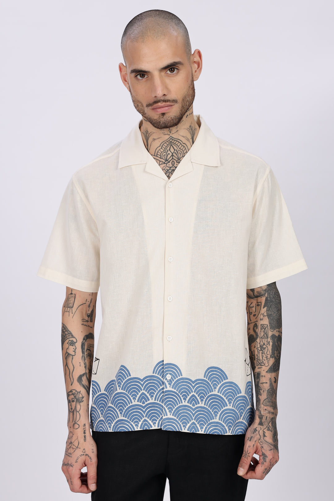 Linen: Abstract Waves Printed Cuban Shirt