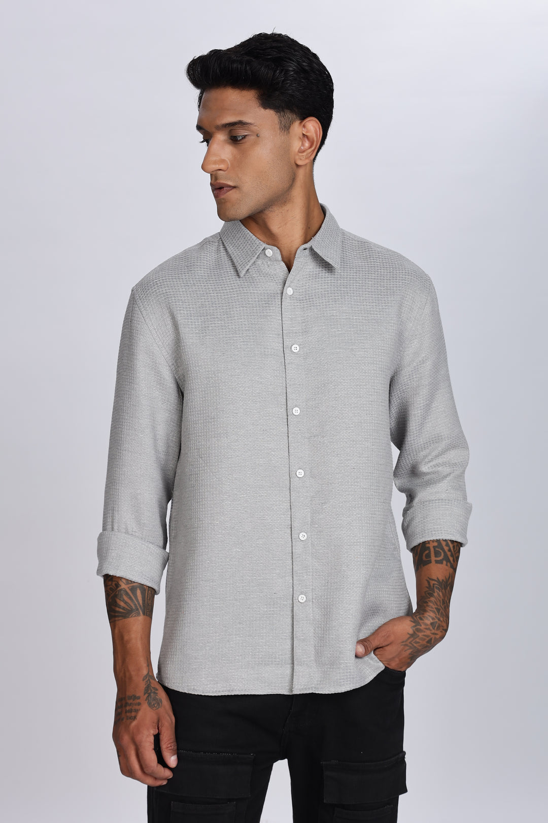 Solids: Grey Textured fabric shirt