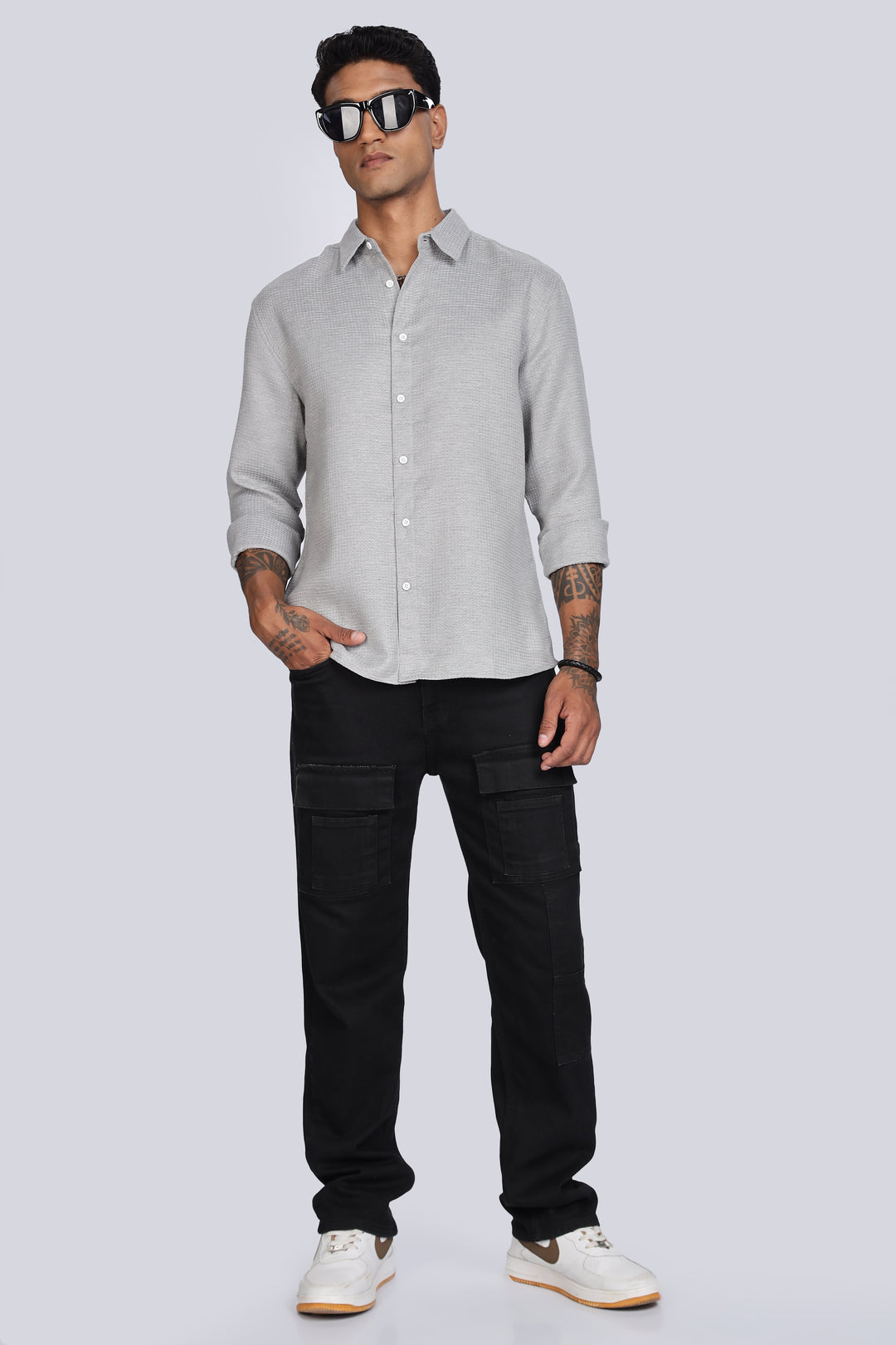 Solids: Grey Textured fabric shirt