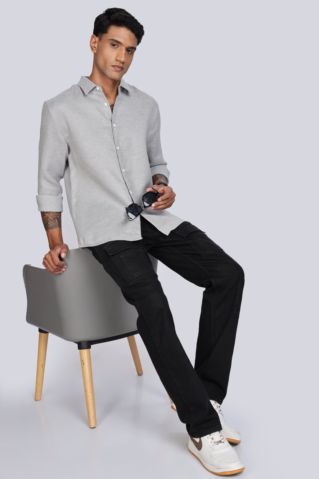 Solids: Grey Textured fabric shirt