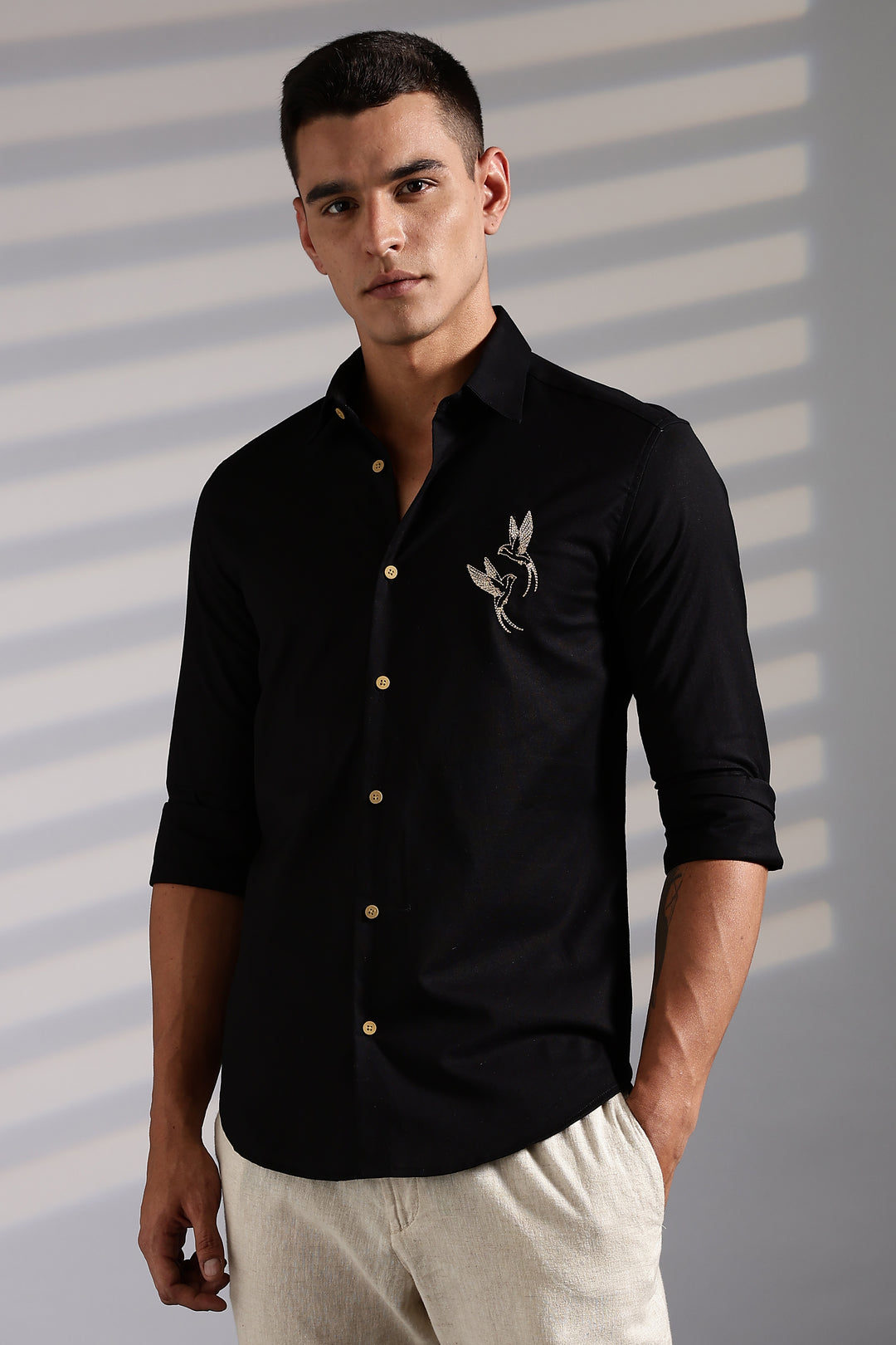 Twin Bird Embroidery Black Linen Shirt