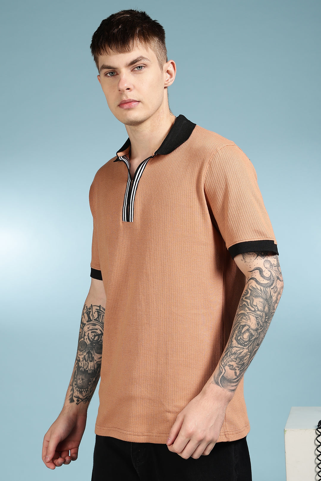 Korean Collar: Brown Textured fabric Polo