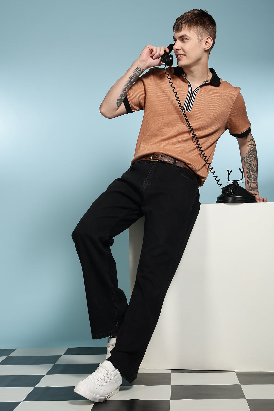 Korean Collar: Brown Textured fabric Polo