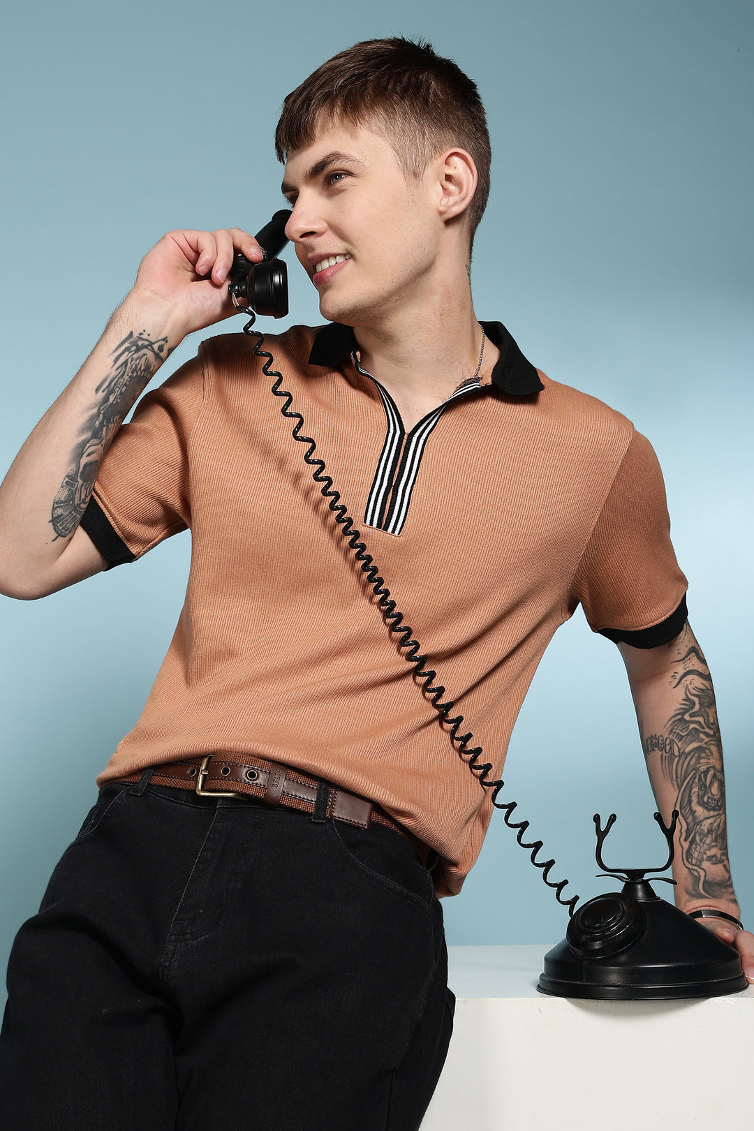 Korean Collar: Brown Textured fabric Polo
