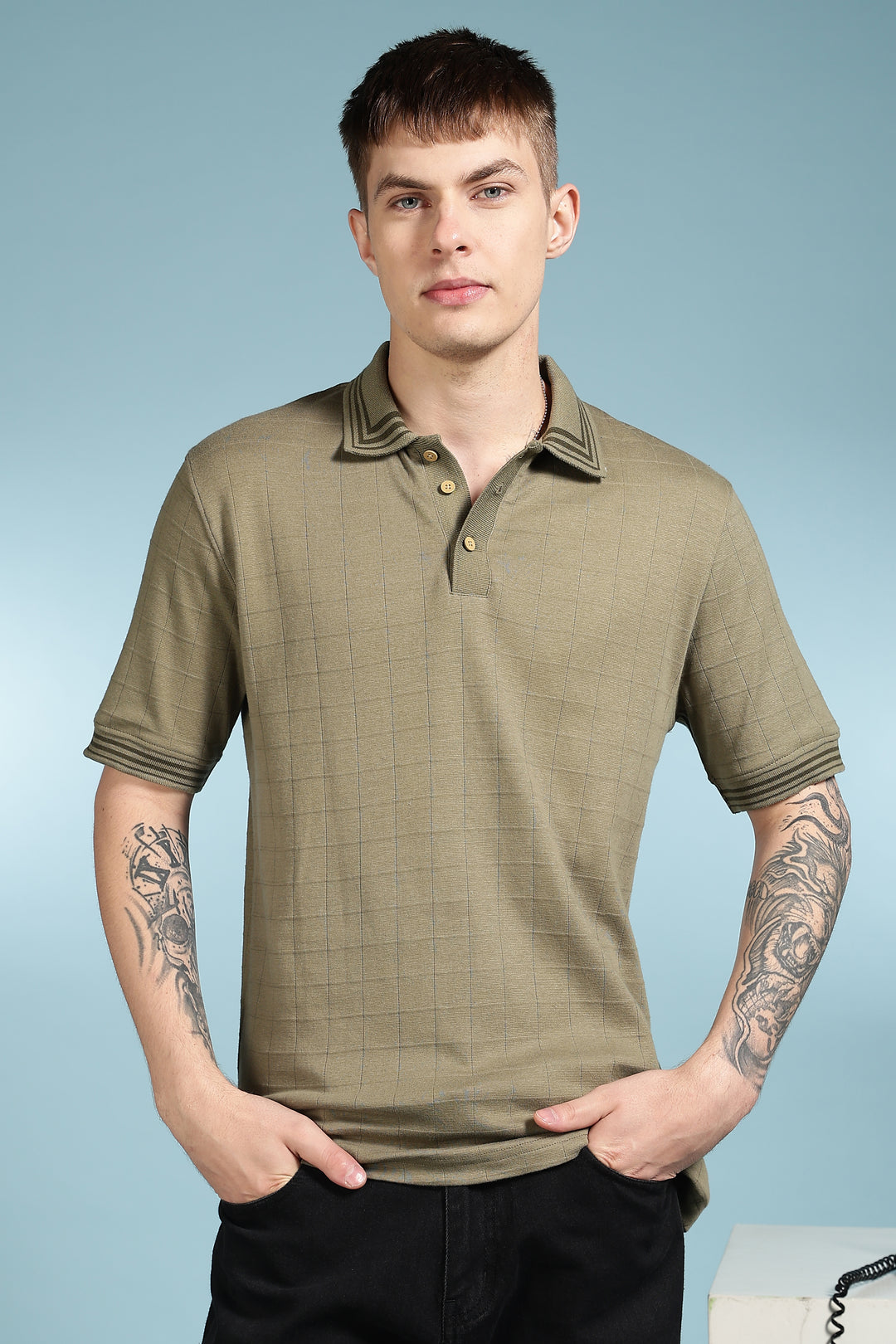 Olive Collar Textured Fabric Polo