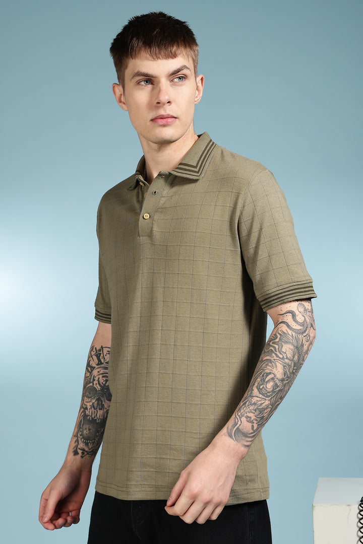 Olive Collar Textured Fabric Polo