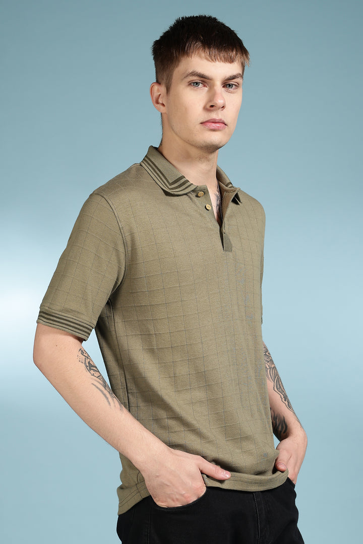 Olive Collar Textured Fabric Polo