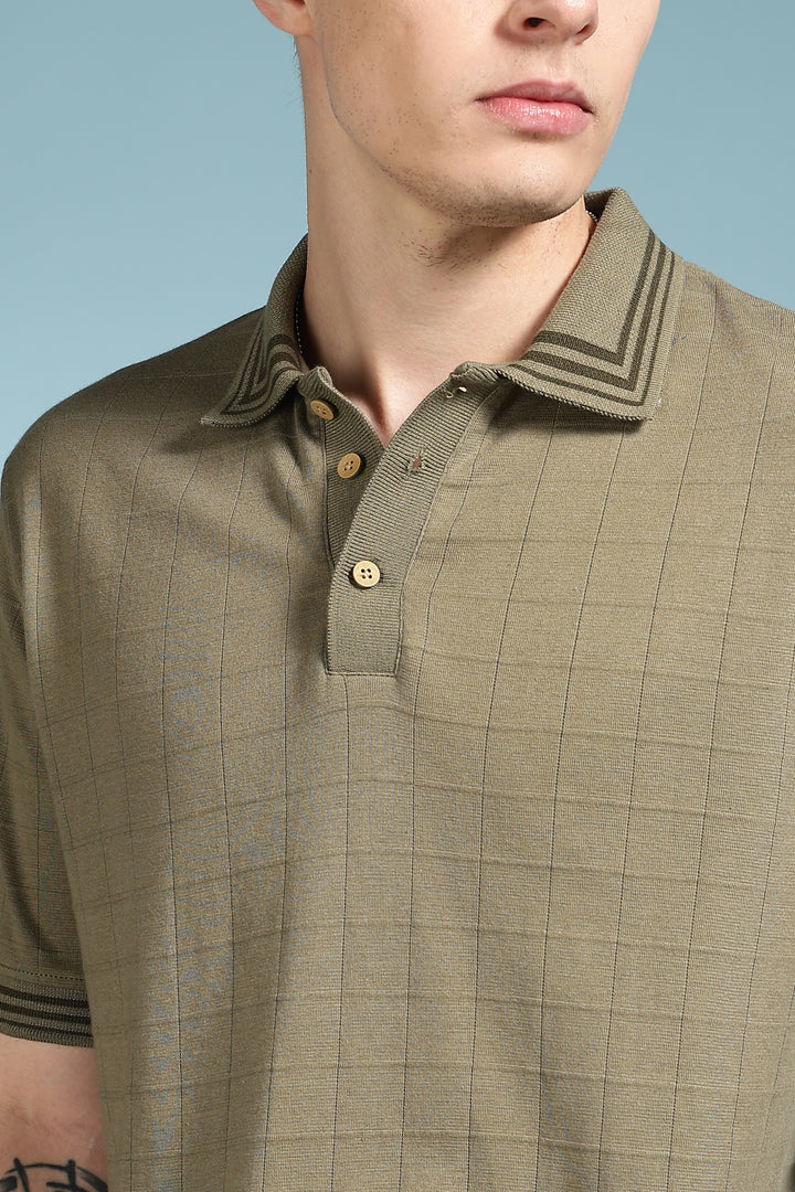 Olive Collar Textured Fabric Polo