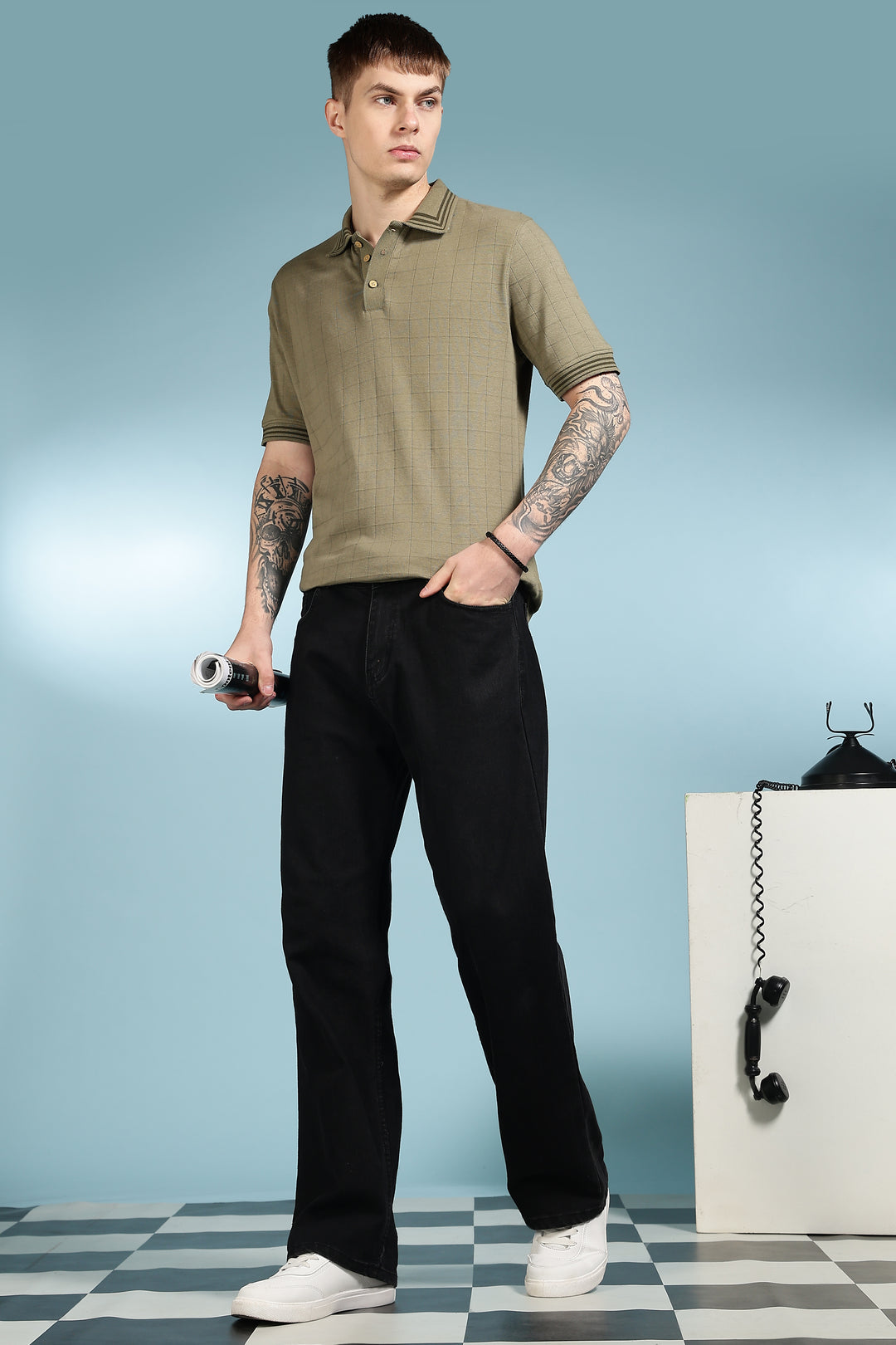 Olive Collar Textured Fabric Polo