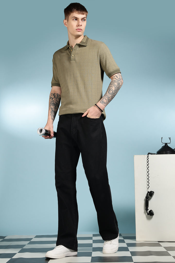 Olive Collar Textured Fabric Polo