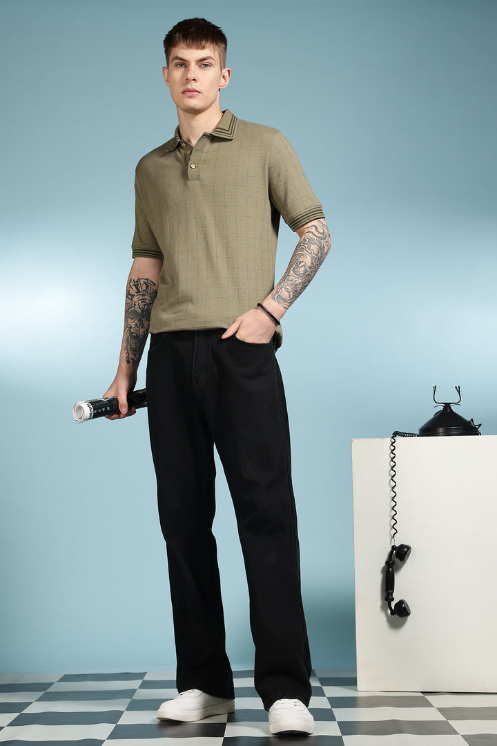 Olive Collar Textured Fabric Polo